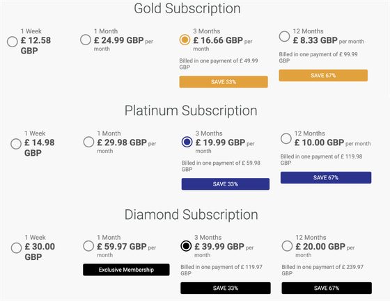 Screenshot of the BBWCupid prices
