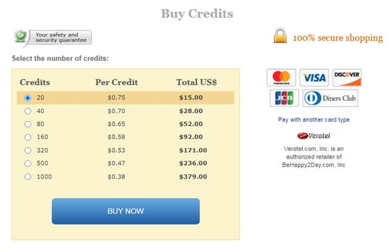 Screenshot of the BeHappy2Day prices