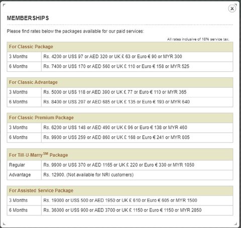 Screenshot of the BharatMatrimony prices