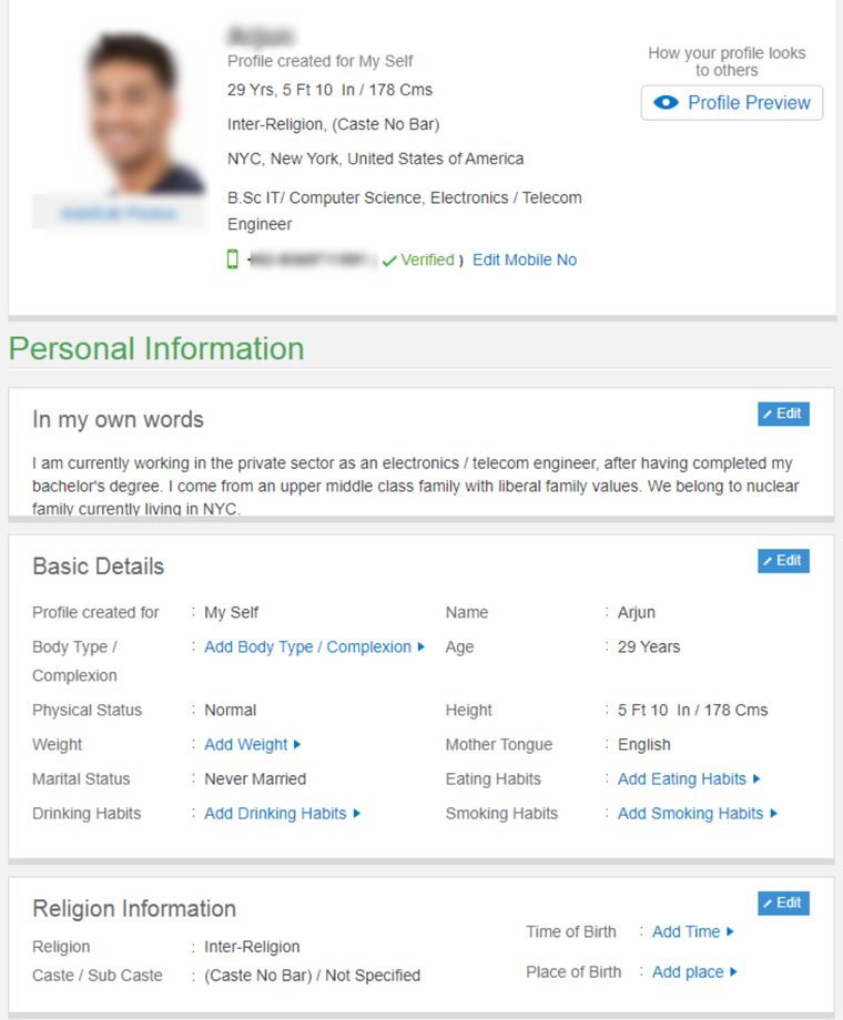 Bharat Matrimony Male Profile