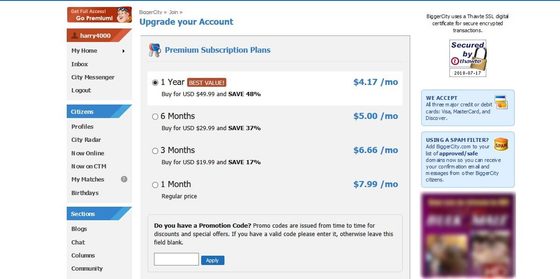 Screenshot of the BiggerCity prices