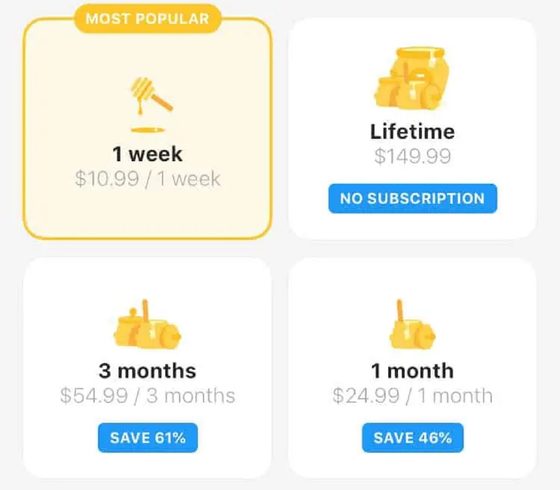 Screenshot of the Bumble prices