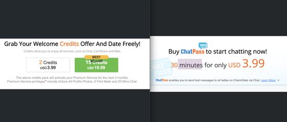 Screenshot of the CharmDate prices