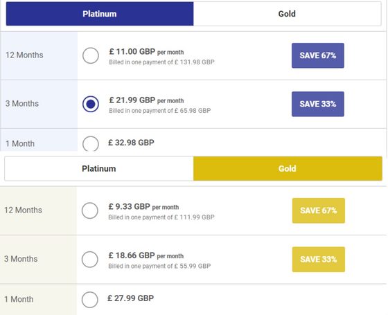 Screenshot of the Colombian Cupid prices