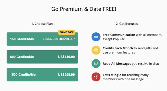 Screenshot of the Dating.com prices