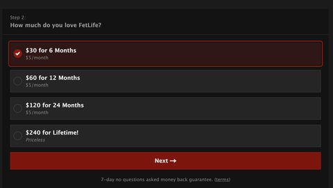 Screenshot of the FetLife prices