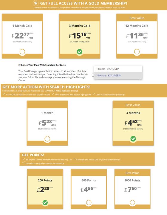 Screenshot of the FriendFinder-X prices