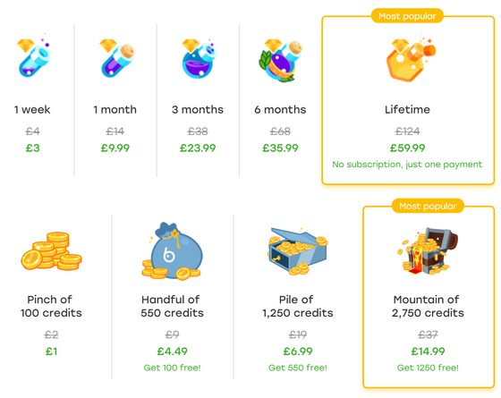 Screenshot of the Hot or Not prices