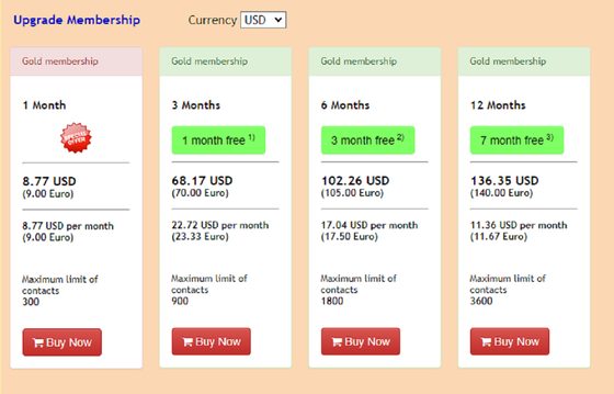Screenshot of the LatinLove prices