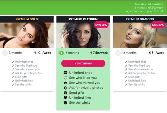 Screenshot of the NextLove prices