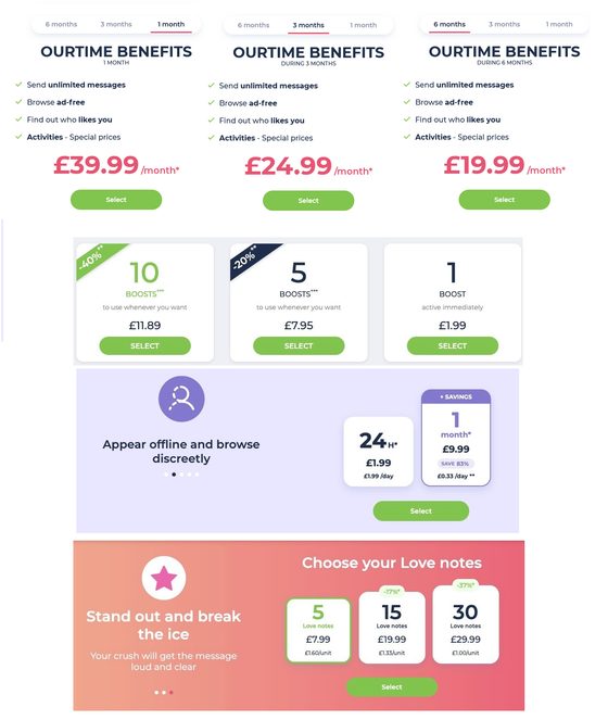 Screenshot of the Ourtime prices