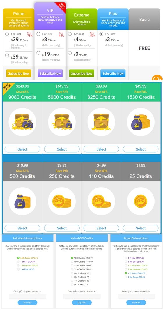 Screenshot of the Paltalk prices