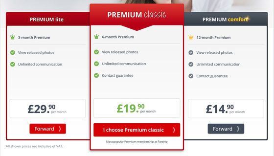 Screenshot of the Parship prices