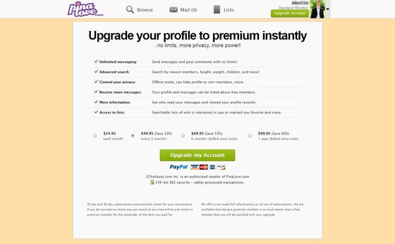 Screenshot of the PinaLove prices