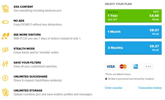 Screenshot of the PlanetRomeo prices