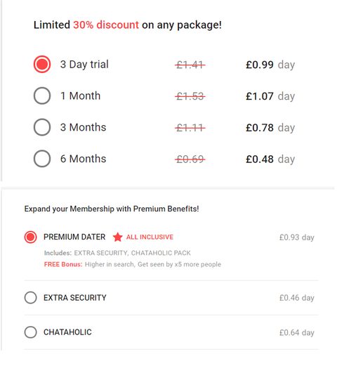 Screenshot of the QuickFlirt prices