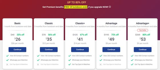 Screenshot of the Sangam prices