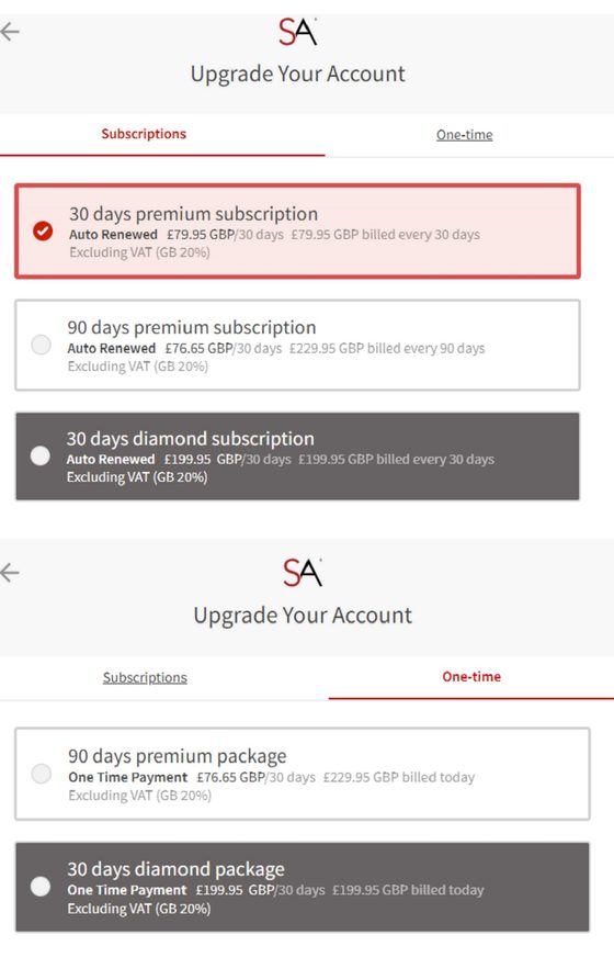 Screenshot of the Seeking Arrangement prices