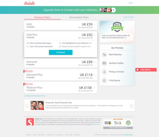 Screenshot of the Shaadi prices