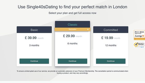 Screenshot of the Single40sDating prices