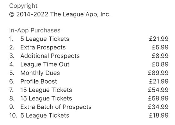 Screenshot of the The League prices