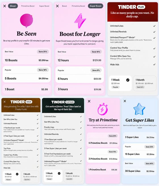 Screenshot of the Tinder prices