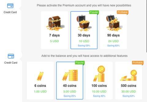 Screenshot of the TopFace prices