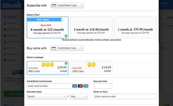Screenshot of the Zoosk prices