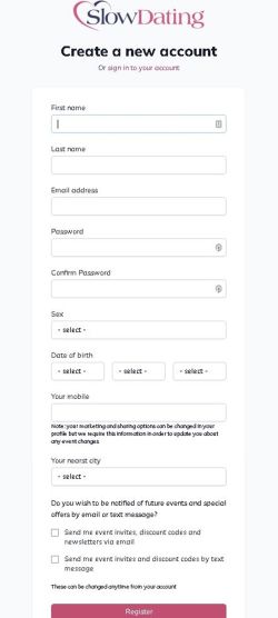 Slow Dating's registration process