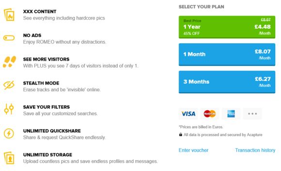 PlanetRomeo Price Table